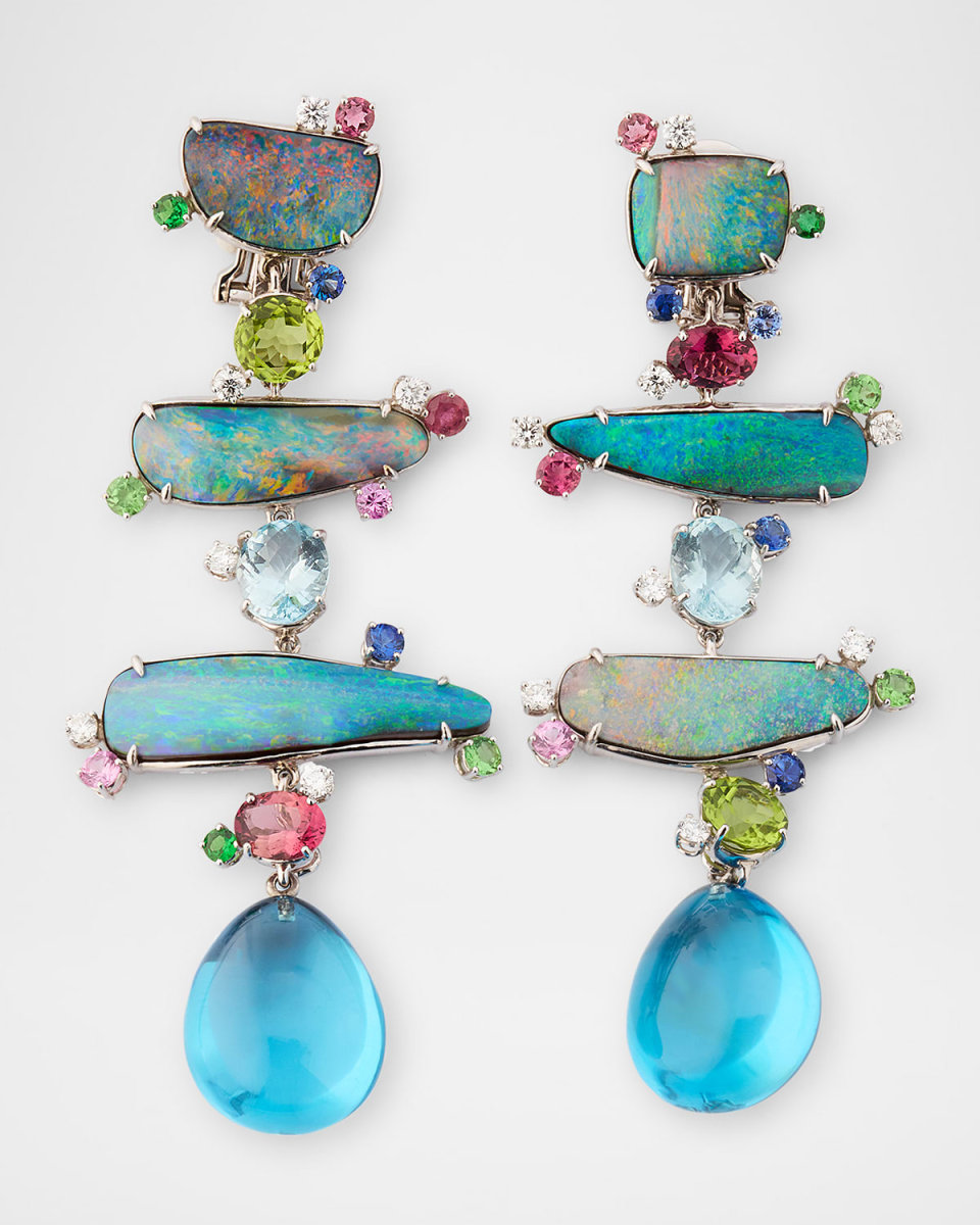 18K White Gold Totem Earrings with Australian Opals and Detachable Topaz Drops